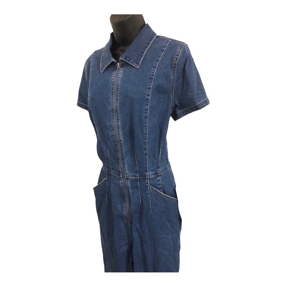 Blue jeans denim zip up flare leg jumpsuit size large new - Picture 3 of 13